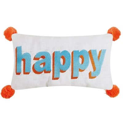 Embroidered Happy Pom Pom Lumbar Pillow