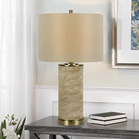 Beige Stone and Brass Cylinder Table Lamp