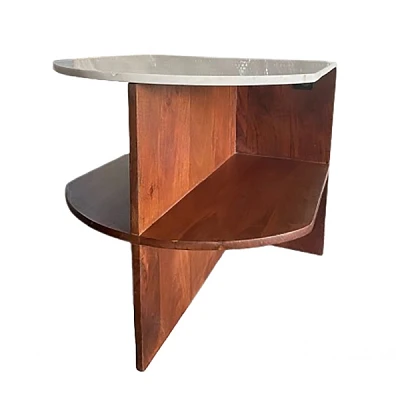 Brown Wood Half Round Marble Accent Table