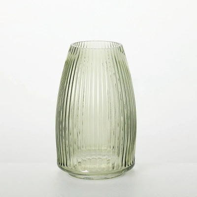 Green Round Ribbed Glass Vase