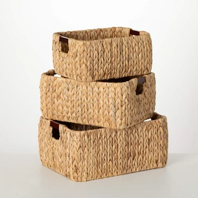 Natural Braided Baskets with Handles, Set of 3