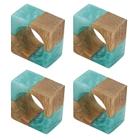 Teal Wood and Resin Square Napkin Rings, Set of 4