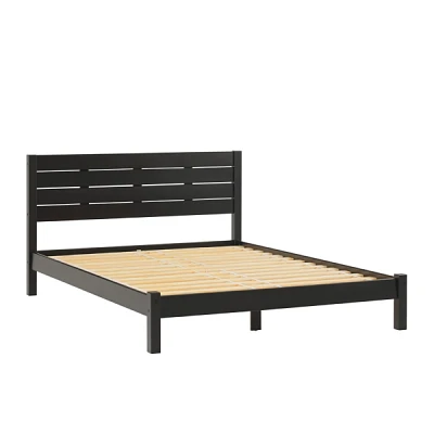 Black Pine Wood Slatted Headboard Queen Bed