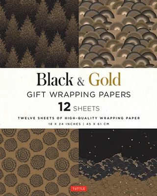 Black & Gold Gift Wrapping Papers - 12 Sheets