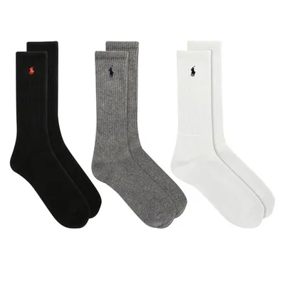 Polo Ralph Lauren Three Pack Big & Tall Classic Sport Crew Socks in White Black Gray, Polyester