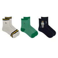 Kids' Three Pack Watch Hill Bear Crew Socks Green/Ivory/Navy