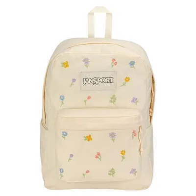 JanSport Superbreak Plus FX Backpack in Beige/Yellow/Blue/Pink, Polyester