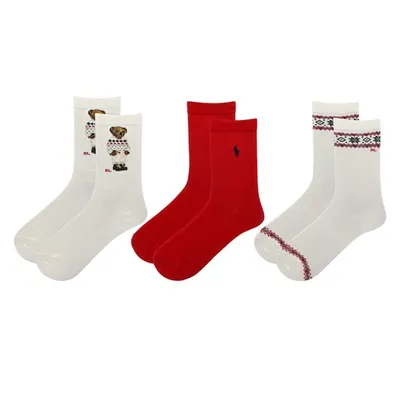 Polo Ralph Lauren Kids' Three Pack Polo Aviator Bear Crew Socks in Ivory/Red in Brun Misc, Polyester