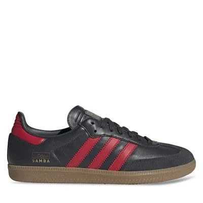 adidas Men's Samba Sneakers in Dark Gray/Red in Black, Size 11.5, Leather