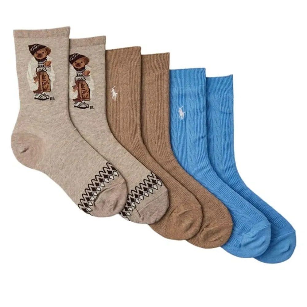 Polo Ralph Lauren Three Pack Winter Bear Crew Socks in Brown/Blue in White,  Nylon