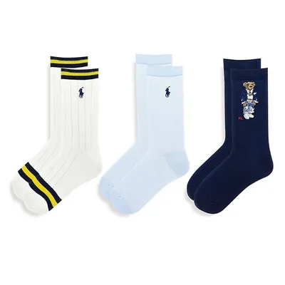 Paquet de 3 paires de chaussettes Cricket Bear blanches et bleues pour femmes en Marine - Polo Ralph Lauren | Little Burgundy Shoes