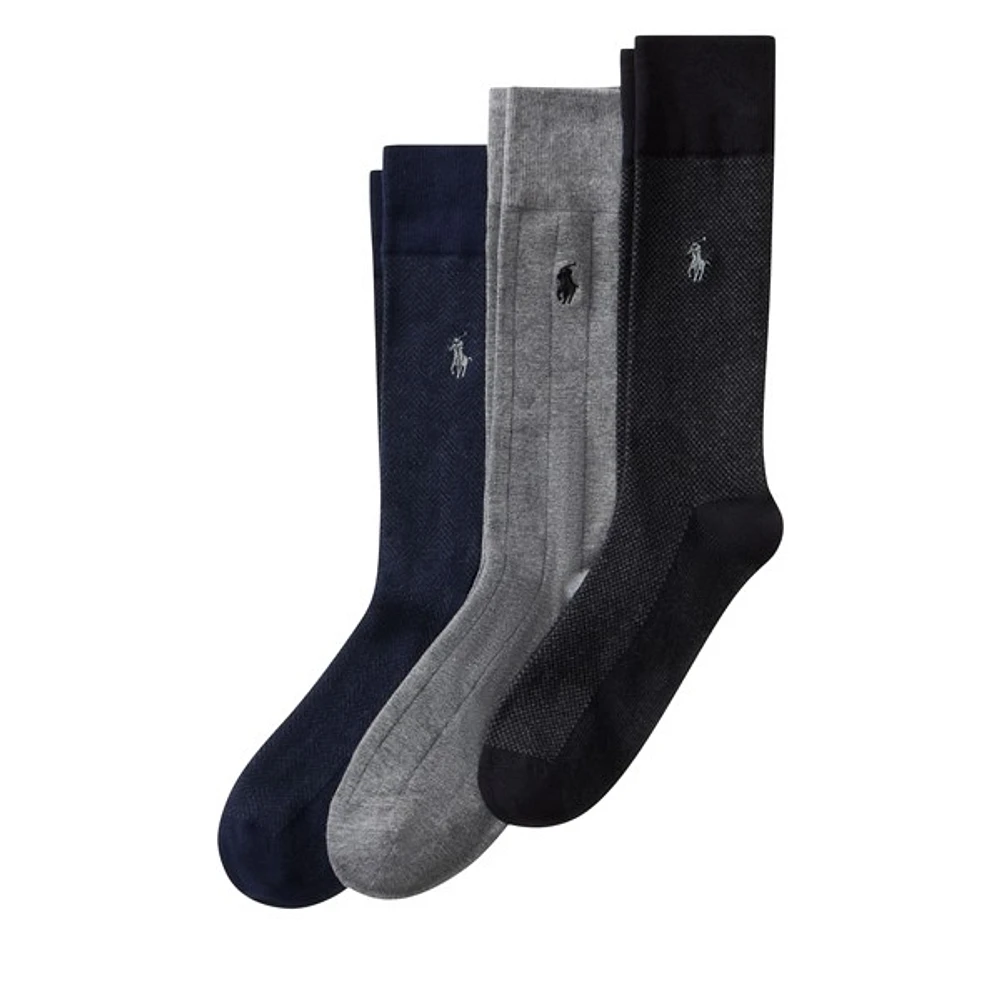 Polo Ralph Lauren Men's Three Pack Classic Patterns Crew Socks in Gray/Navy/Black in Marine, Nylon