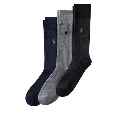 Polo Ralph Lauren Men's Three Pack Classic Patterns Crew Socks in Gray/Navy/Black in Marine, Nylon