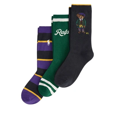 Polo Ralph Lauren Kids' Three Pack School Bear Crew Socks in Navy/Black/Green, Size Large, Polyester