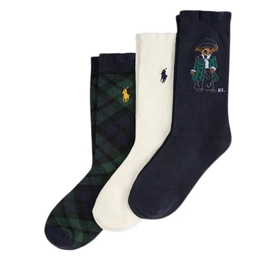 Polo Ralph Lauren Kids' Three Pack School Bear Crew Socks in Black/Ivory/Navy in Marine, Size Large, Polyester