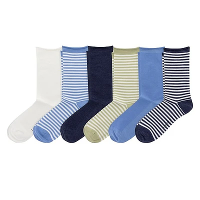 Polo Ralph Lauren Women's Striped Six Pack Roll Top Crew Socks in Blue, Polyester
