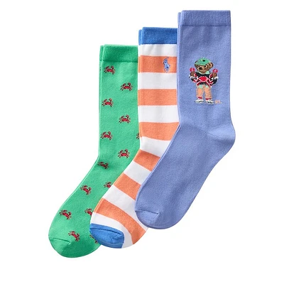 Polo Ralph Lauren Kid's Three Pack Crab and Bear Crew Socks in Blue, Polyester