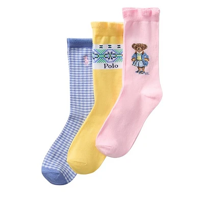 Polo Ralph Lauren Kid's 3 Pack Gingham Bear Socks in Blue/Yellow/Pink in Rose, Size Large, Polyester
