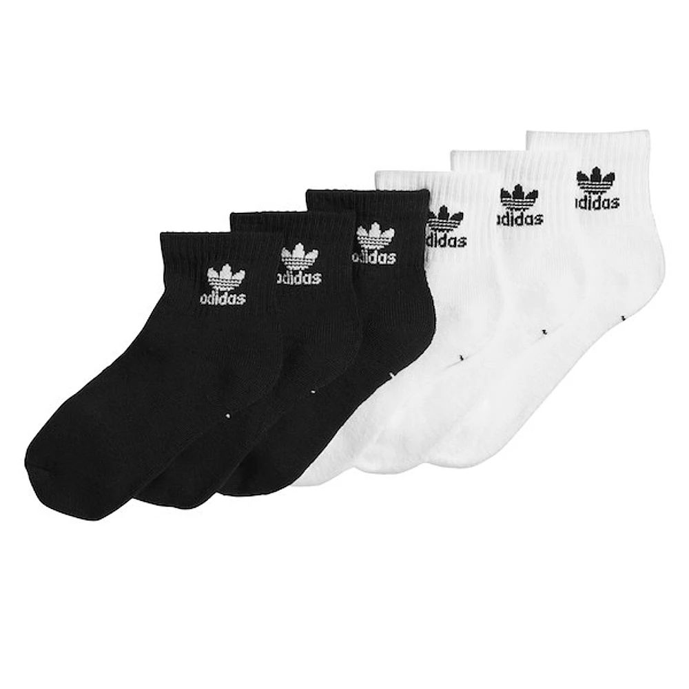 adidas Kids 6 Pack Original Trefoil Quarter Socks in White Black, Size Medium, Polyester