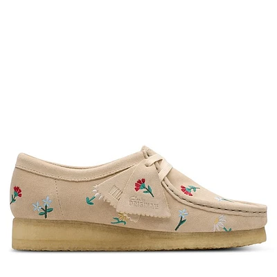 Clarks Originals Women's Wallabee Floral Embroidered Moccasin Shoes Taupe, Suede