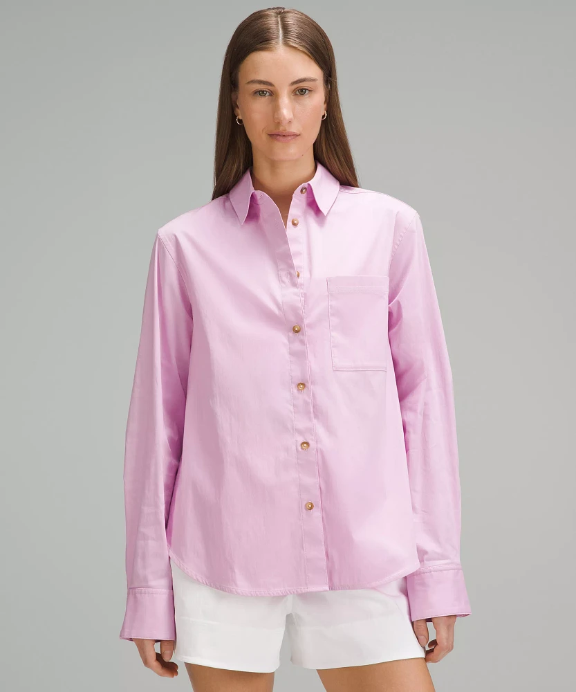 Relaxed-Fit Cotton-Blend Poplin Button-Down Shirt | Women's Long Sleeve Shirts