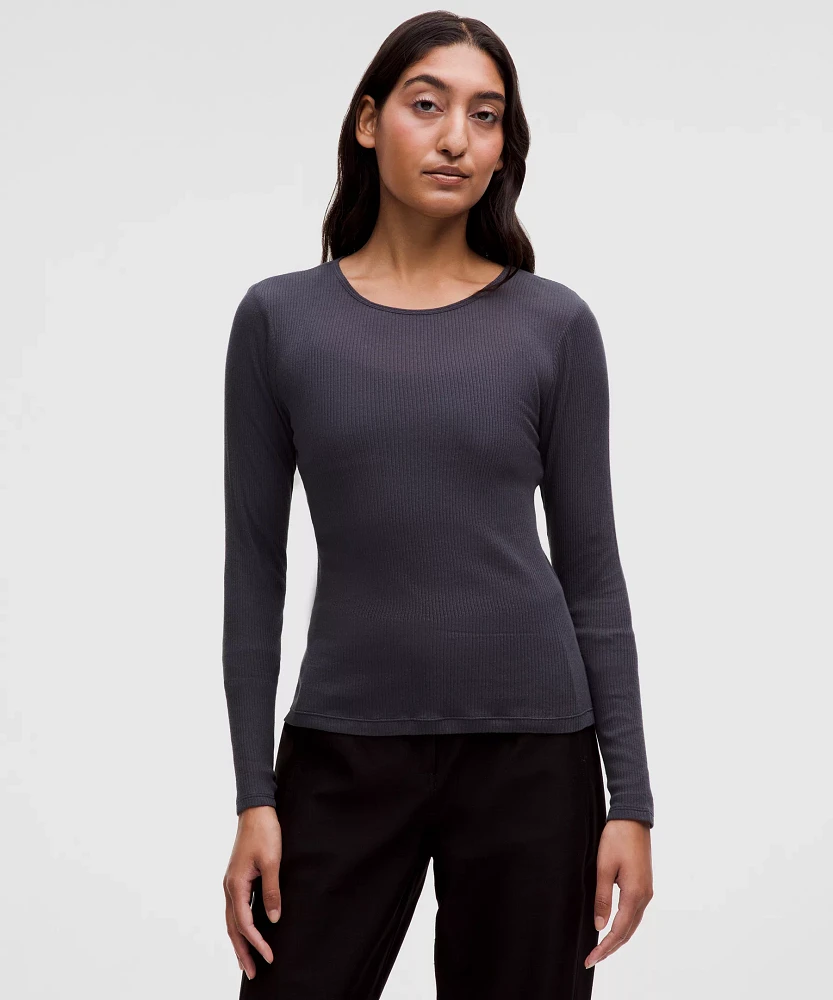 Sheer Cotton Ribbed Crewneck Long-Sleeve Shirt | Women's Long Sleeve Shirts