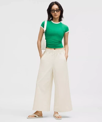 Stretch Woven Ruffle-Waist Wide-Leg Cropped Pant | Women's Capris
