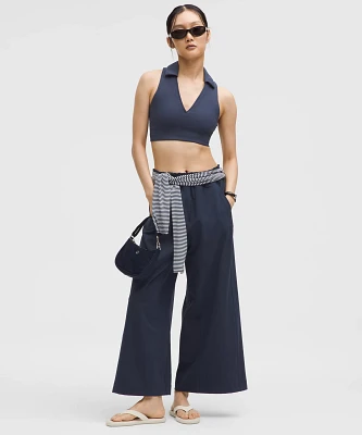 Stretch Woven Ruffle-Waist Wide-Leg Cropped Pant | Women's Capris