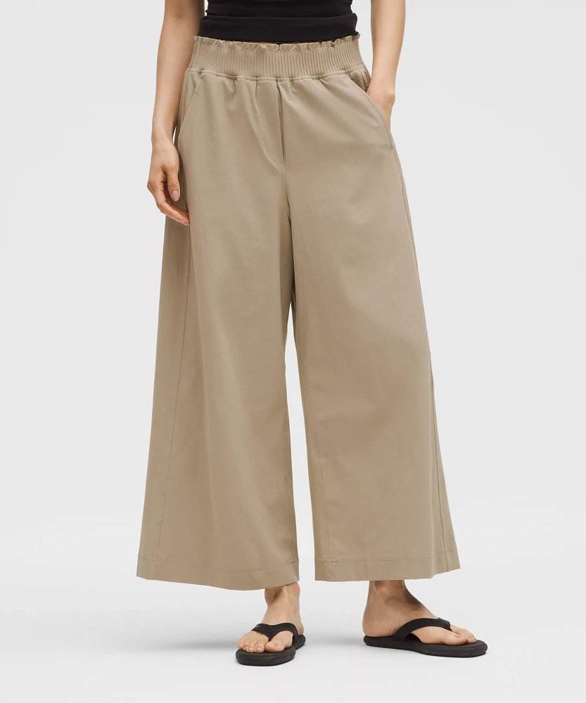 Stretch Woven Ruffle-Waist Wide-Leg Cropped Pant | Women's Capris