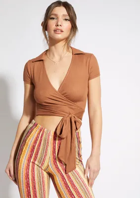 Brown Tie Front Collared Wrap Top