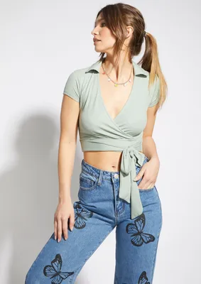 Light Green Tie Front Collared Wrap Top