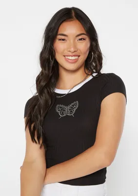 Black Butterfly Rhinestone Ribbed Knit Fitted Ringer Tee
