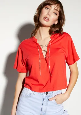 Red Rhinestone Chain Lace Up Top