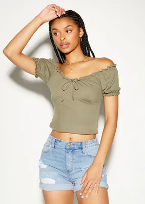 Olive Puff Sleeve Tie Front Top