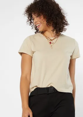 Taupe Roll Sleeve Cotton Boxy Tee
