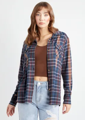 Navy Plaid Sherpa Lined Button Down Top