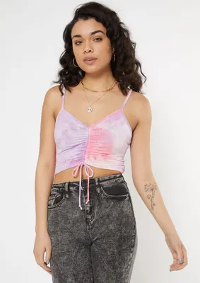Lilac Tie Dye Ruched Front Cropped Tank Top