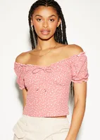 Pink Floral Puff Sleeve Tie Front Top