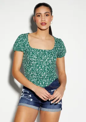 Floral Print Ruched Puff Sleeve Top