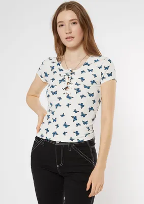 White Butterfly Print Grommet Lace Up Baby Tee