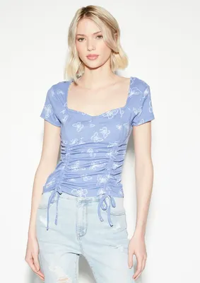 Blue Butterfly Print Double Ruched Front Top