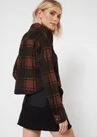 Brown Plaid Button Down Cropped Long Sleeve Top
