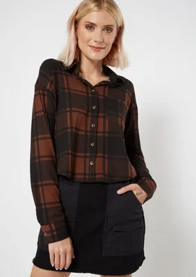 Brown Plaid Button Down Cropped Long Sleeve Top