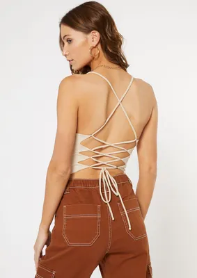 Taupe Strappy Lace Up Back Bodysuit