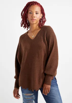 Brown V Neck Destructed Hem Sweater