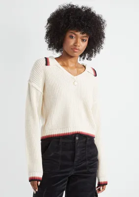 White Varsity Striped Polo Collar Sweater