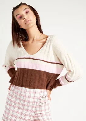 Striped V Neck Crop Sweater
