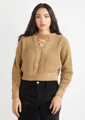 Brown Lace Up V Neck Cable Knit Sweater
