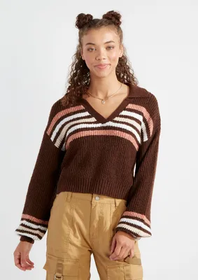 Brown Striped Bubble Sleeve Polo Collar Sweater