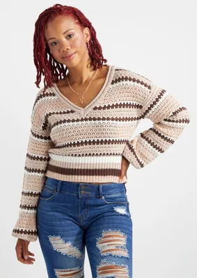 Brown Striped V Neck Crochet Sweater